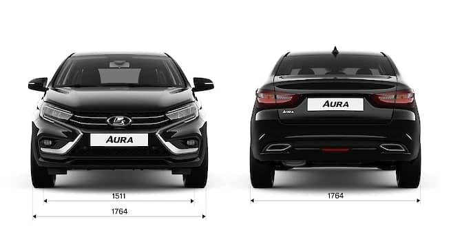 LADA Aura — габариты спереди и сзади: ширина 1764 мм, колея 1511/1515 мм