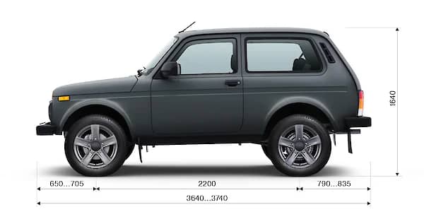 LADA Niva Legend 3 двери — габариты сбоку: 3740×1680×1640 мм